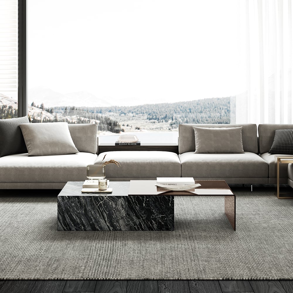 HMR - 2 Piece Modern Large Square Coffee Table in Black & Tea with Marble Veneer & Acrylic