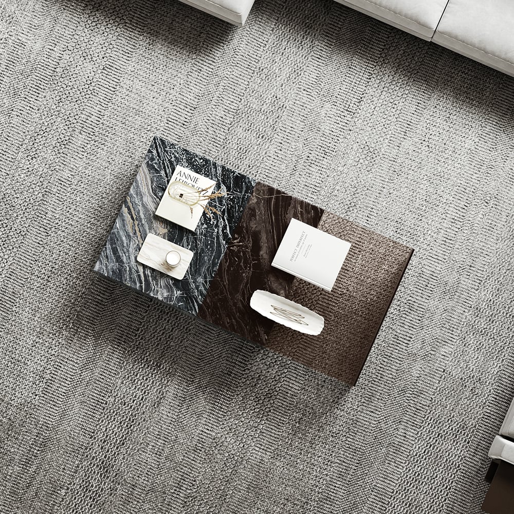 HMR - 2 Piece Modern Large Square Coffee Table in Black & Tea with Marble Veneer & Acrylic