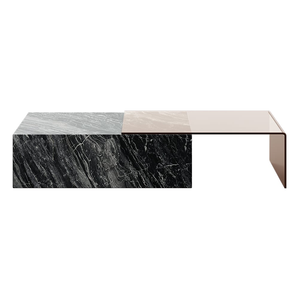 HMR - 2 Piece Modern Large Square Coffee Table in Black & Tea with Marble Veneer & Acrylic