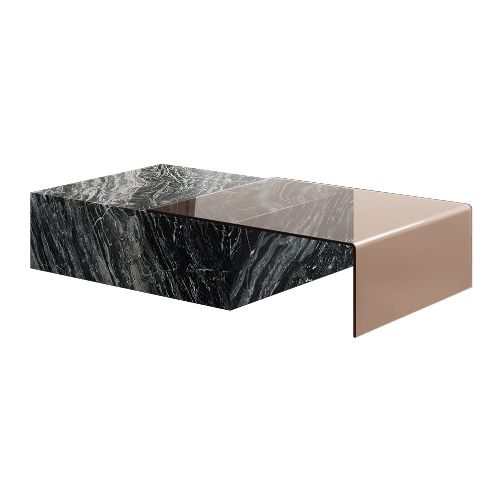 HMR - 2 Piece Modern Large Square Coffee Table in Black & Tea with Marble Veneer & Acrylic