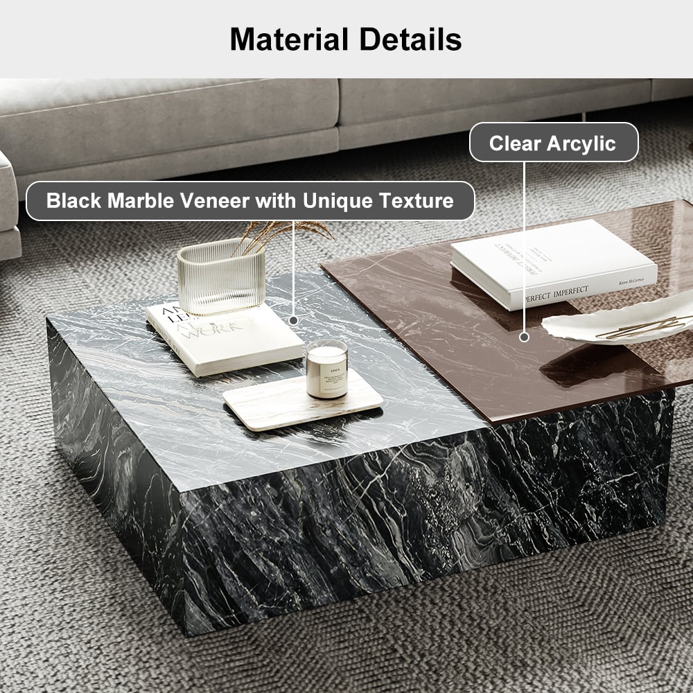 HMR - 2 Piece Modern Large Square Coffee Table in Black & Tea with Marble Veneer & Acrylic