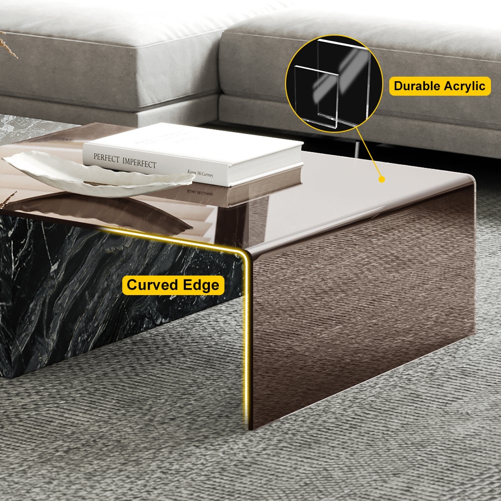 HMR - 2 Piece Modern Large Square Coffee Table in Black & Tea with Marble Veneer & Acrylic