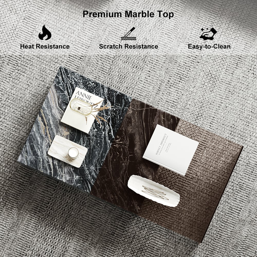 HMR - 2 Piece Modern Large Square Coffee Table in Black & Tea with Marble Veneer & Acrylic