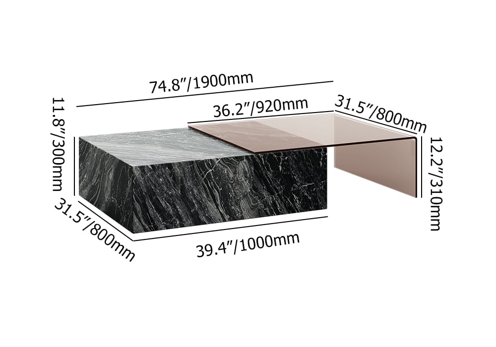 HMR - 2 Piece Modern Large Square Coffee Table in Black & Tea with Marble Veneer & Acrylic