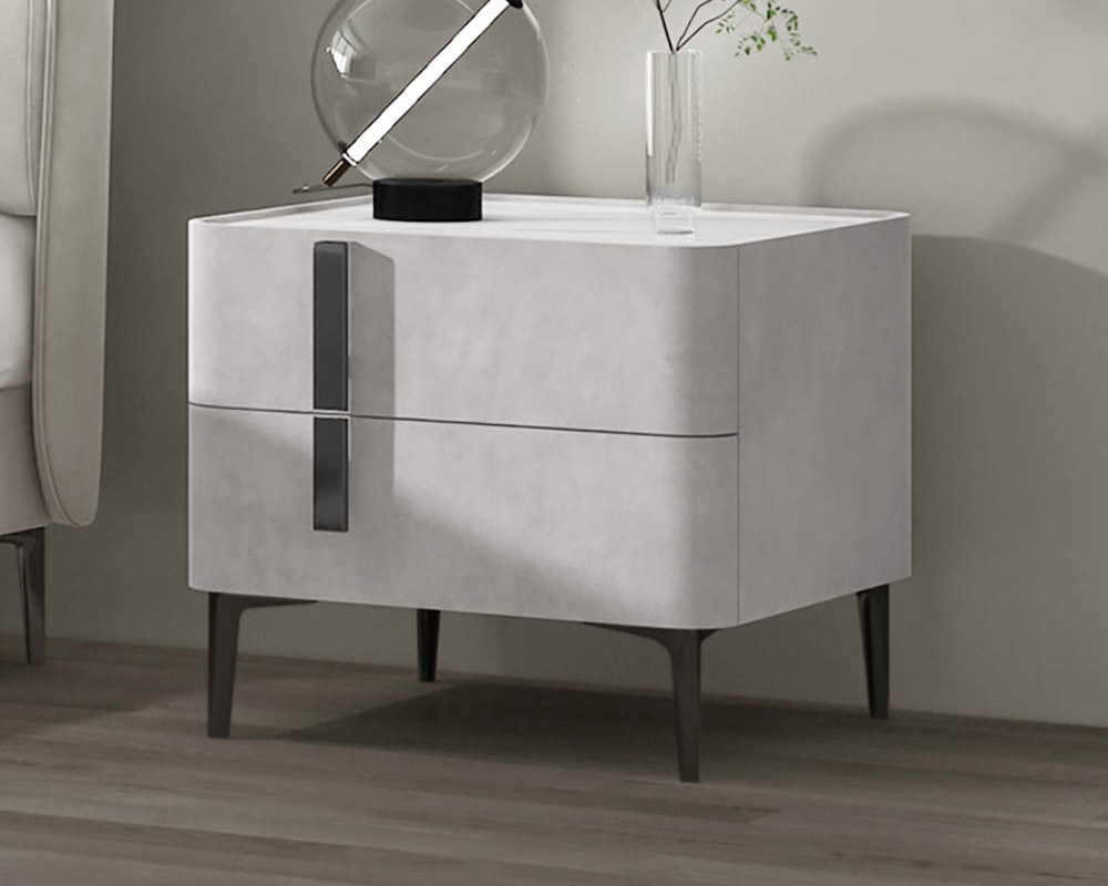 HMR Modern Nightstand with Drawers & Sintered Stone Top Freestanding Bedside Table - Gray, Left Hand