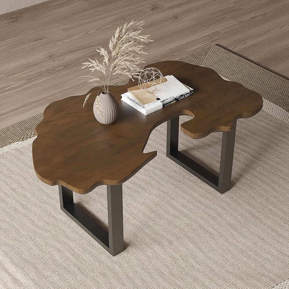 HMR - Rustic 39.8" Live-Edge Coffee Table Walnut & Black with Wooden Tabletop & Metal Base