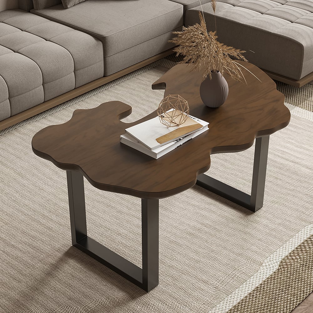 HMR - Rustic 39.8" Live-Edge Coffee Table Walnut & Black with Wooden Tabletop & Metal Base