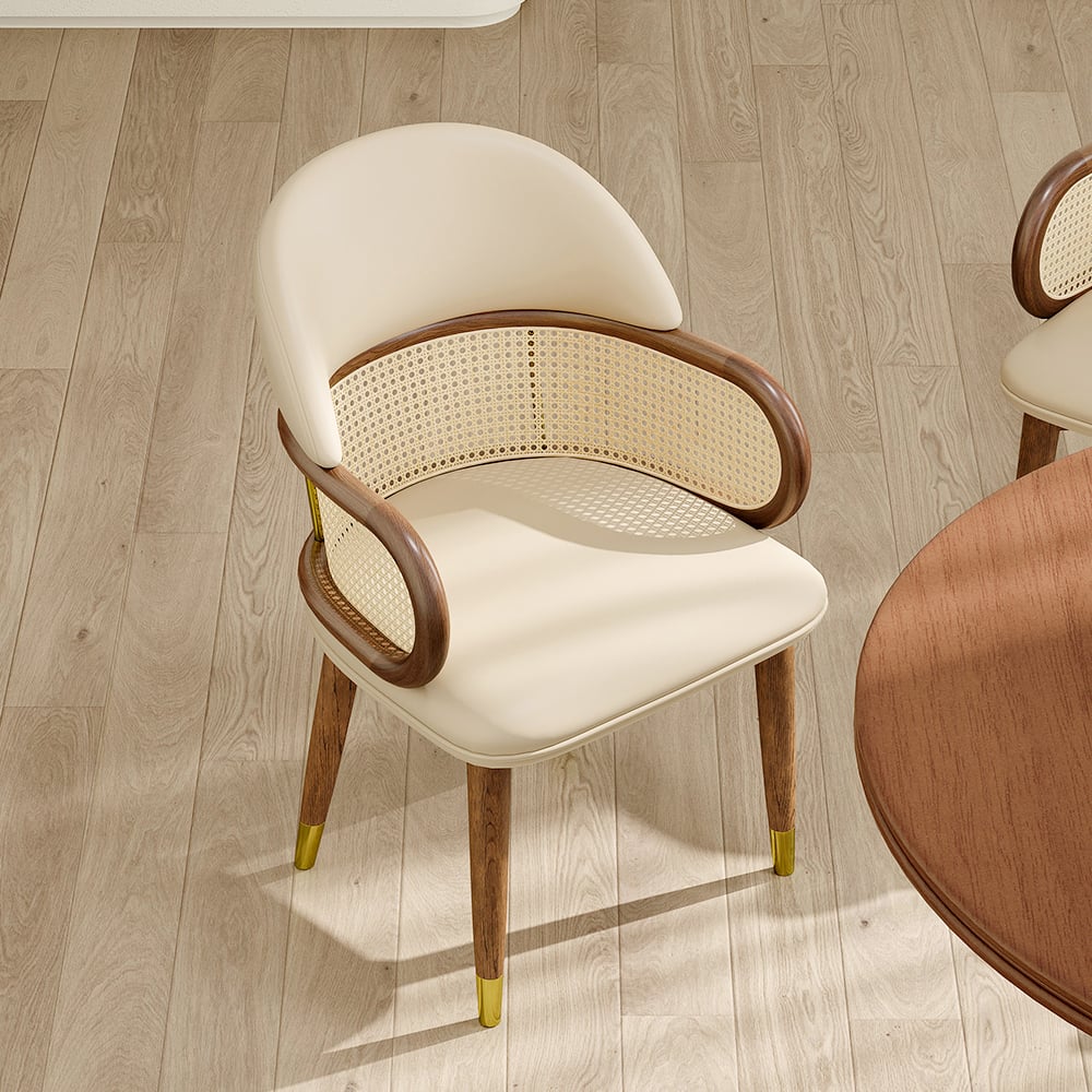 HMR - Mid-Century Modern Beige Rattan Dining Chair Curved Back Upholstered Faux Leather