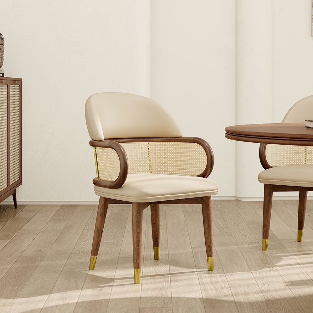HMR - Mid-Century Modern Beige Rattan Dining Chair Curved Back Upholstered Faux Leather