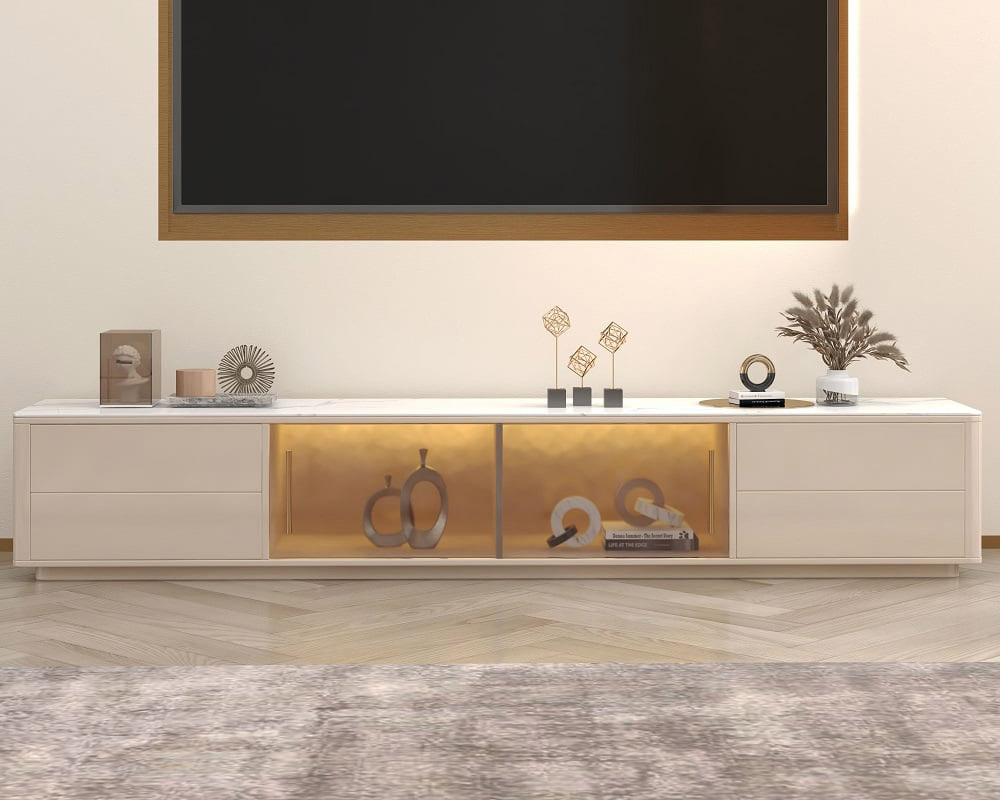 HMR Modern Wood Rectangle TV Stand Sintered Stone Top 4-Drawer Glass Doors Media Console - White, Large
