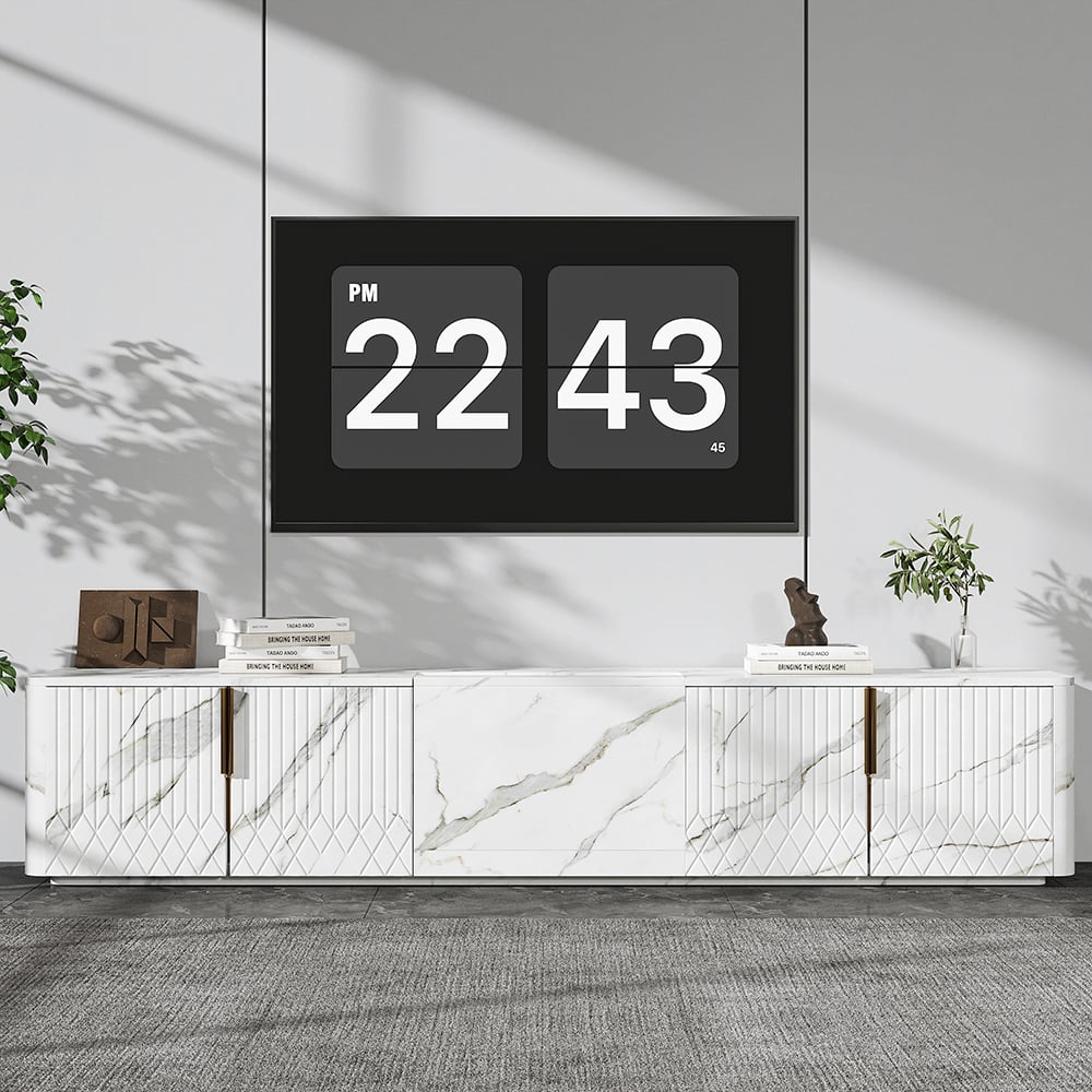 HMR - 91.7" Wood Low TV Stand for Projector Marble Grain Media Console with 4 Doors Modern