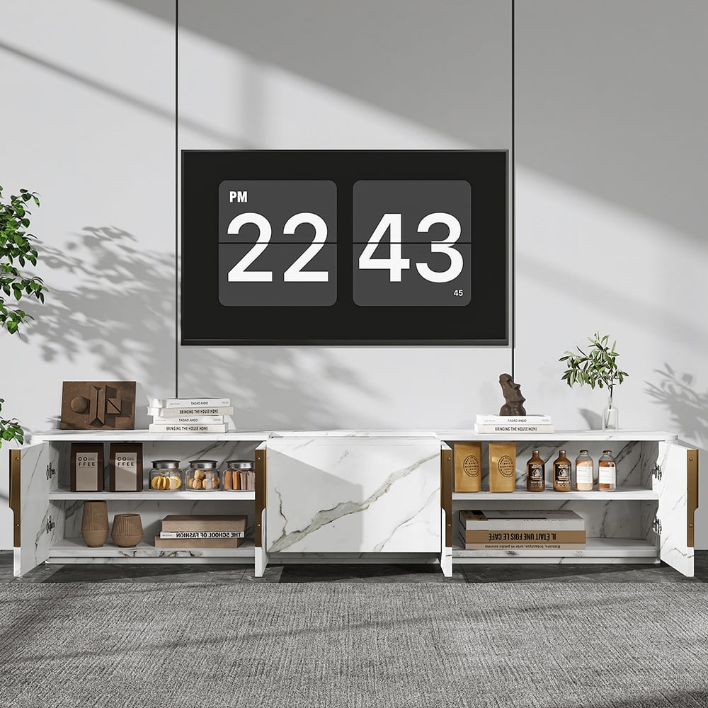 HMR - 91.7" Wood Low TV Stand for Projector Marble Grain Media Console with 4 Doors Modern
