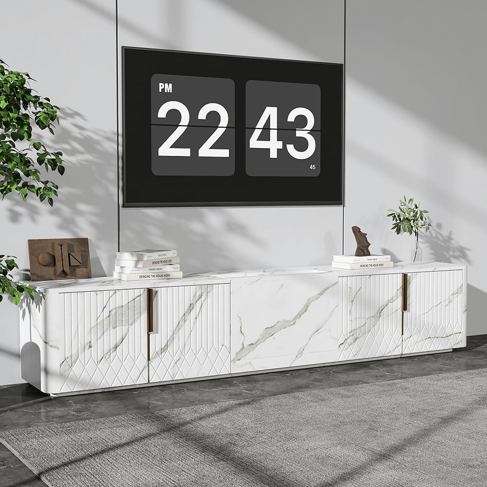 HMR - 91.7" Wood Low TV Stand for Projector Marble Grain Media Console with 4 Doors Modern