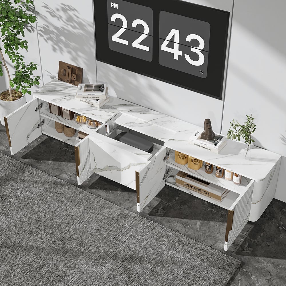 HMR - 91.7" Wood Low TV Stand for Projector Marble Grain Media Console with 4 Doors Modern