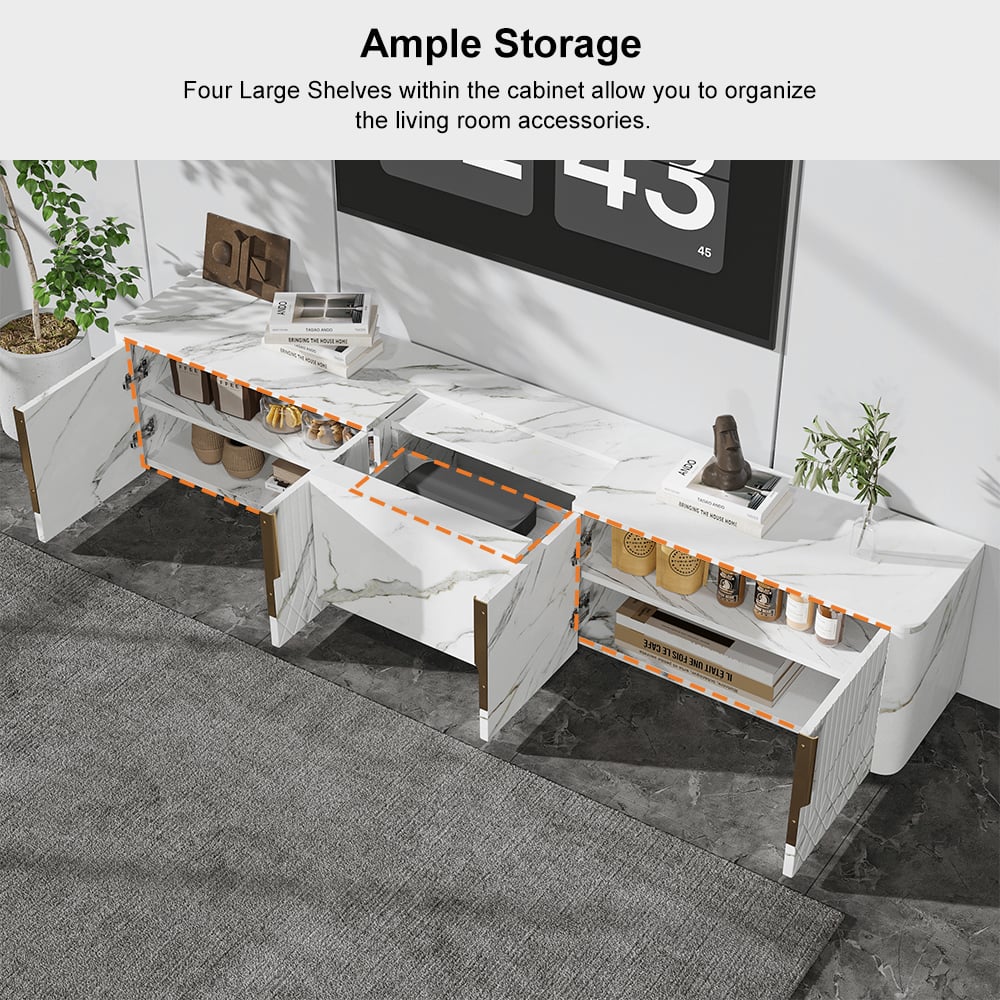 HMR - 91.7" Wood Low TV Stand for Projector Marble Grain Media Console with 4 Doors Modern