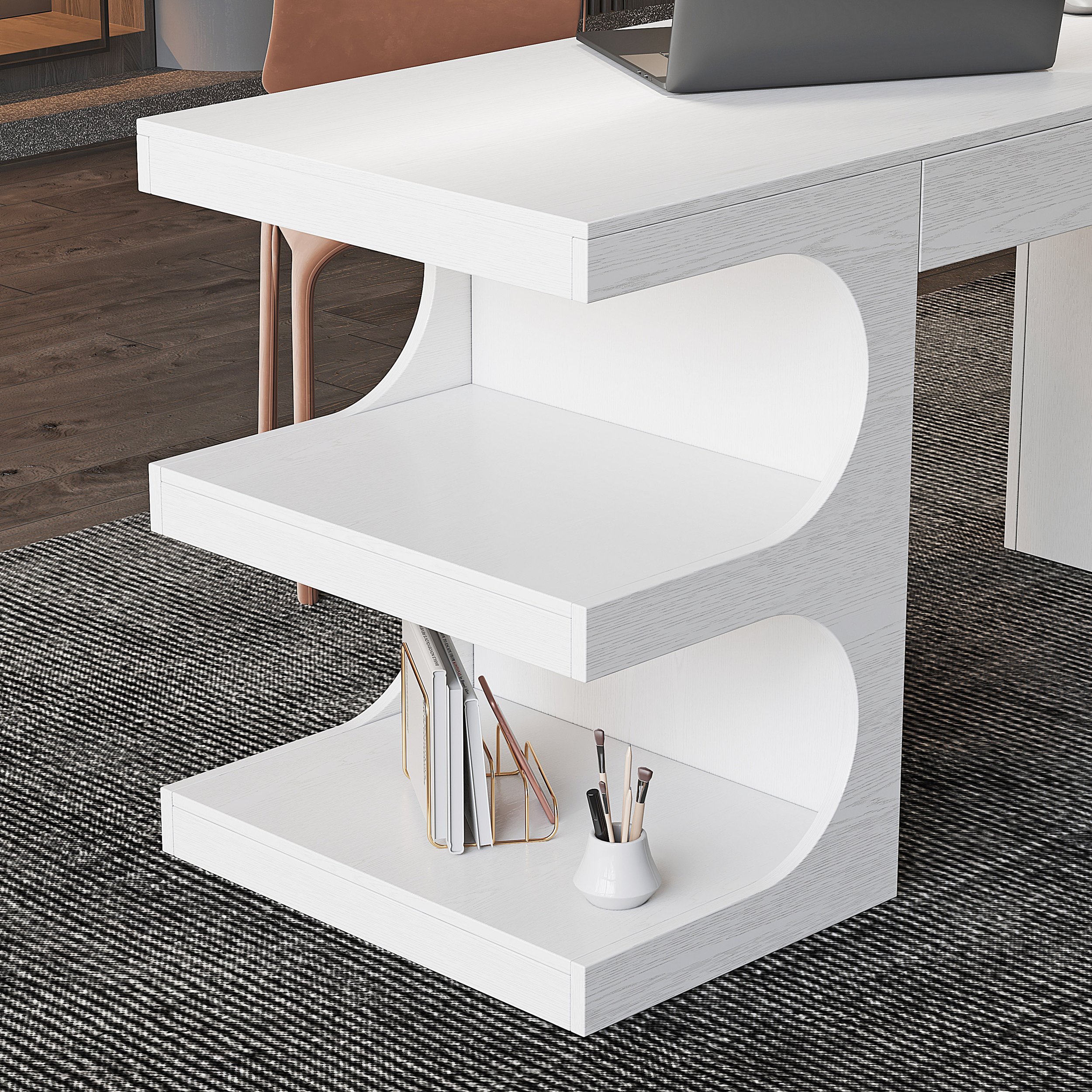 HMR 64.2" Wooden Writing Desk & Reclining Leather Office Desk Chair Set - White & Black