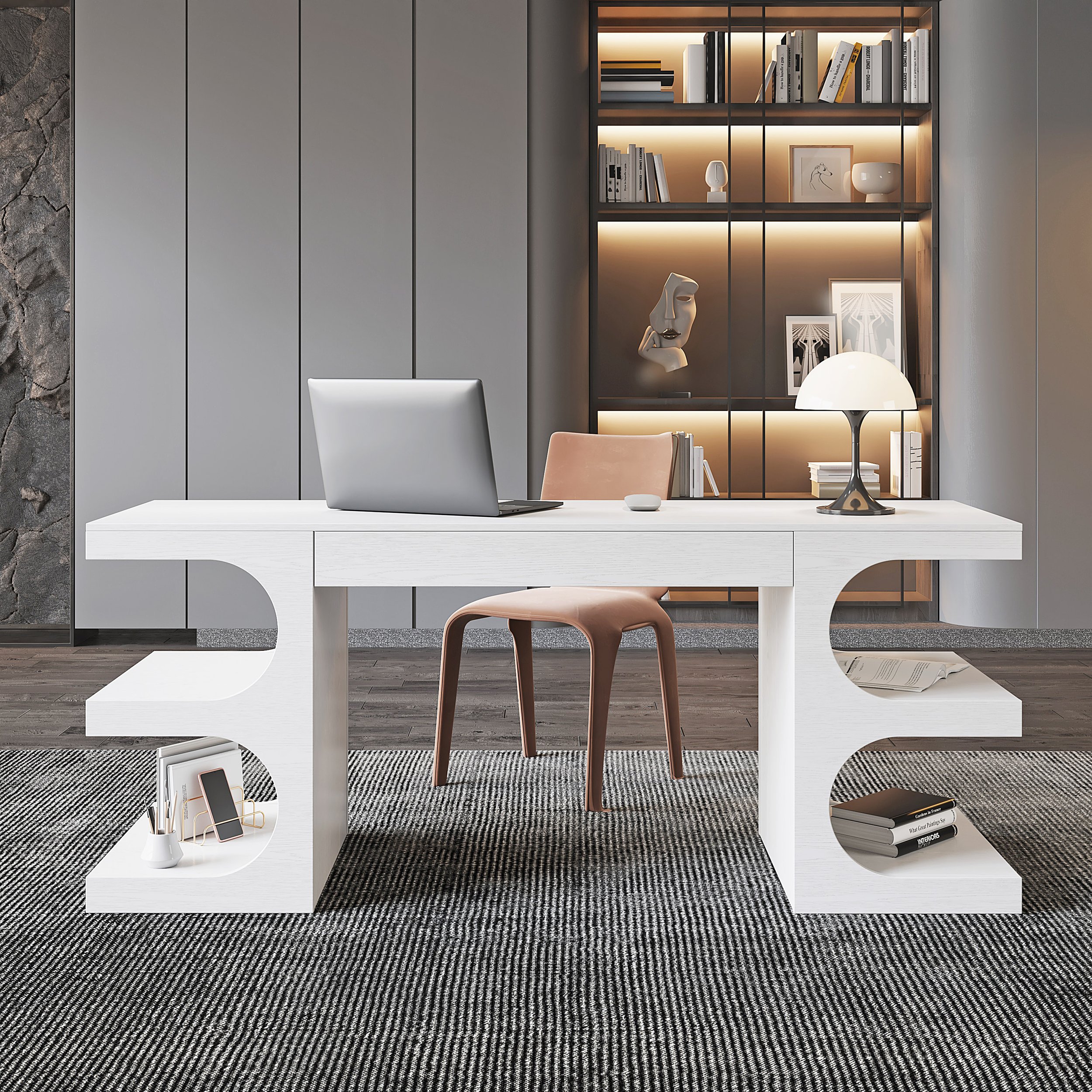 HMR 64.2" Wooden Writing Desk & Reclining Leather Office Desk Chair Set - White & Black