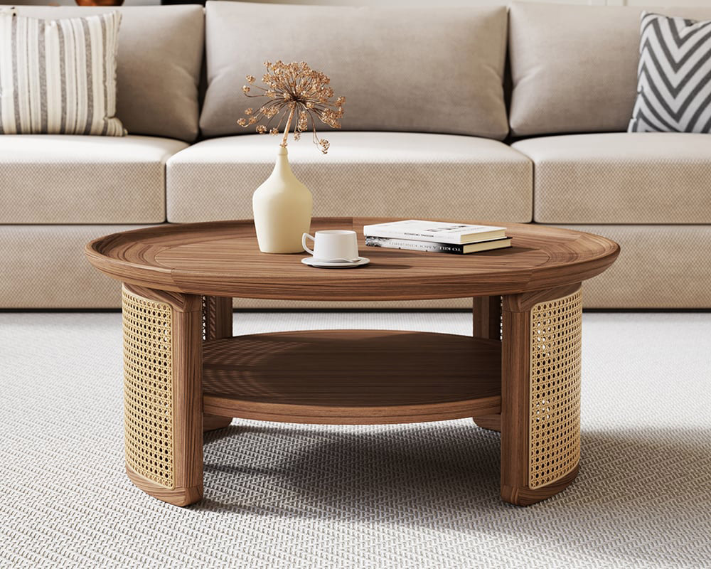 HMR 2-Tiered Japandi Round Wood Coffee Table with Rattan Base - Walnut, 31.5”/800mm