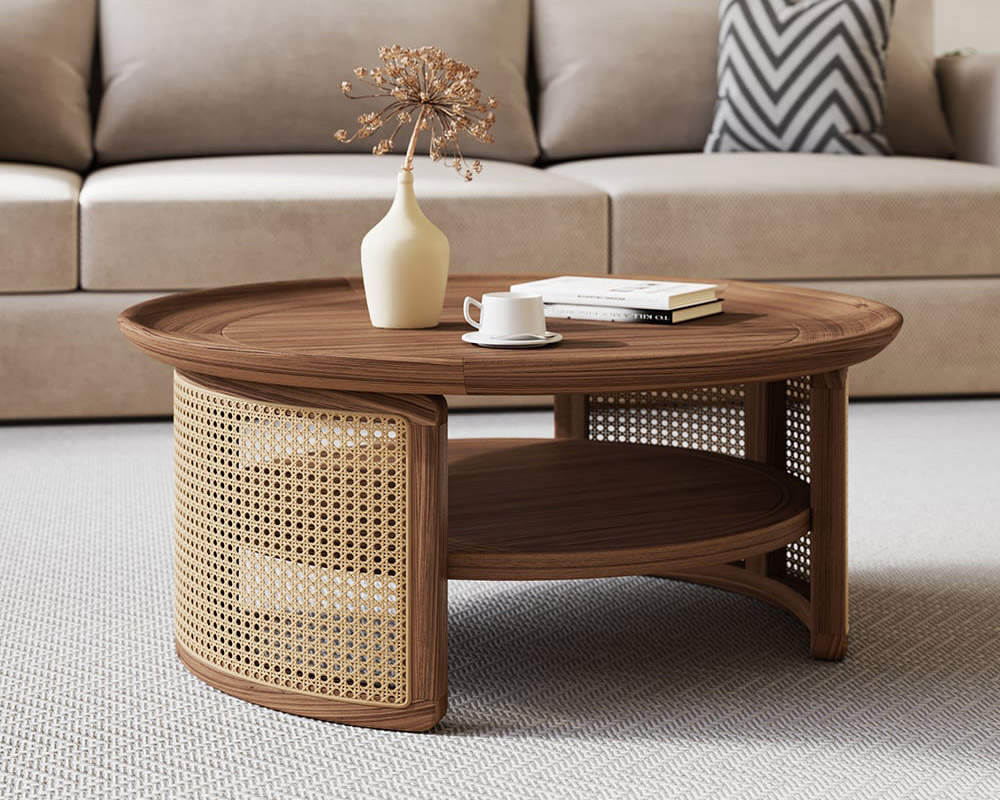 HMR 2-Tiered Japandi Round Wood Coffee Table with Rattan Base - Walnut, 31.5”/800mm