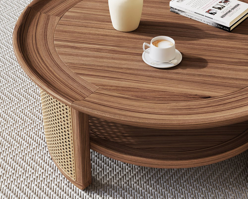 HMR 2-Tiered Japandi Round Wood Coffee Table with Rattan Base - Walnut, 31.5”/800mm
