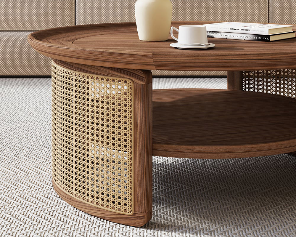 HMR 2-Tiered Japandi Round Wood Coffee Table with Rattan Base - Walnut, 31.5”/800mm