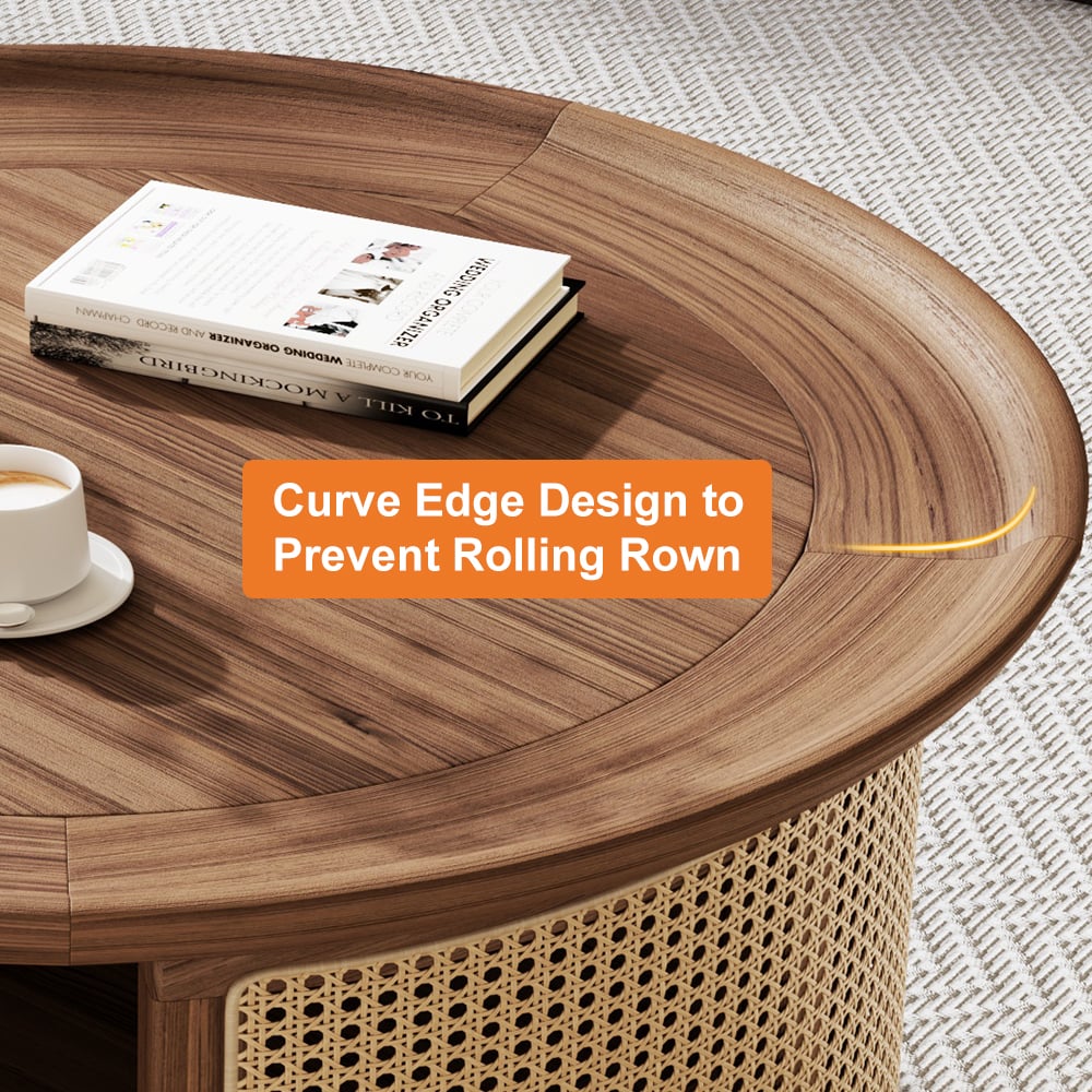 HMR 2-Tiered Japandi Round Wood Coffee Table with Rattan Base - Walnut, 31.5”/800mm