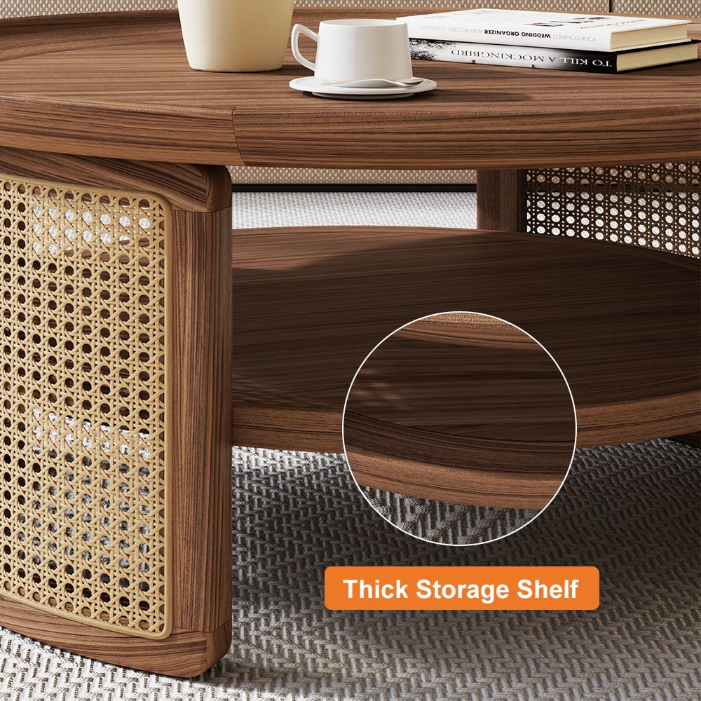 HMR 2-Tiered Japandi Round Wood Coffee Table with Rattan Base - Walnut, 31.5”/800mm