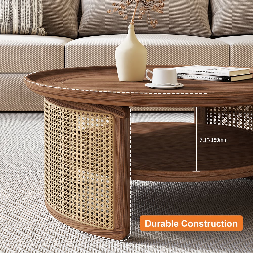 HMR 2-Tiered Japandi Round Wood Coffee Table with Rattan Base - Walnut, 31.5”/800mm