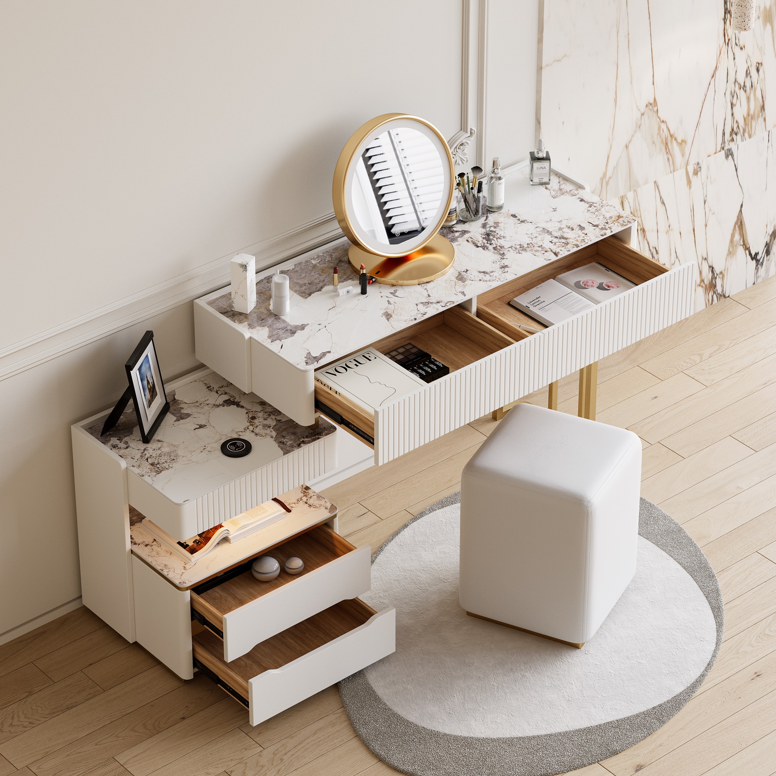 HMR Vailora Modern Makeup Vanity Set with Charging Station Light Bluetooth Speakers - White