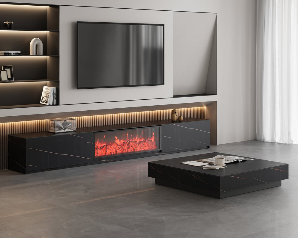 HMR Sintered Stone Electric Fireplace TV Stand & Coffee Table Set - Black, 78.7"W x 15.4"D x 15.4"H