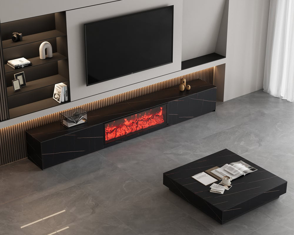 HMR Sintered Stone Electric Fireplace TV Stand & Coffee Table Set - Black, 78.7"W x 15.4"D x 15.4"H