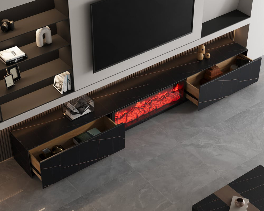 HMR Sintered Stone Electric Fireplace TV Stand & Coffee Table Set - Black, 78.7"W x 15.4"D x 15.4"H