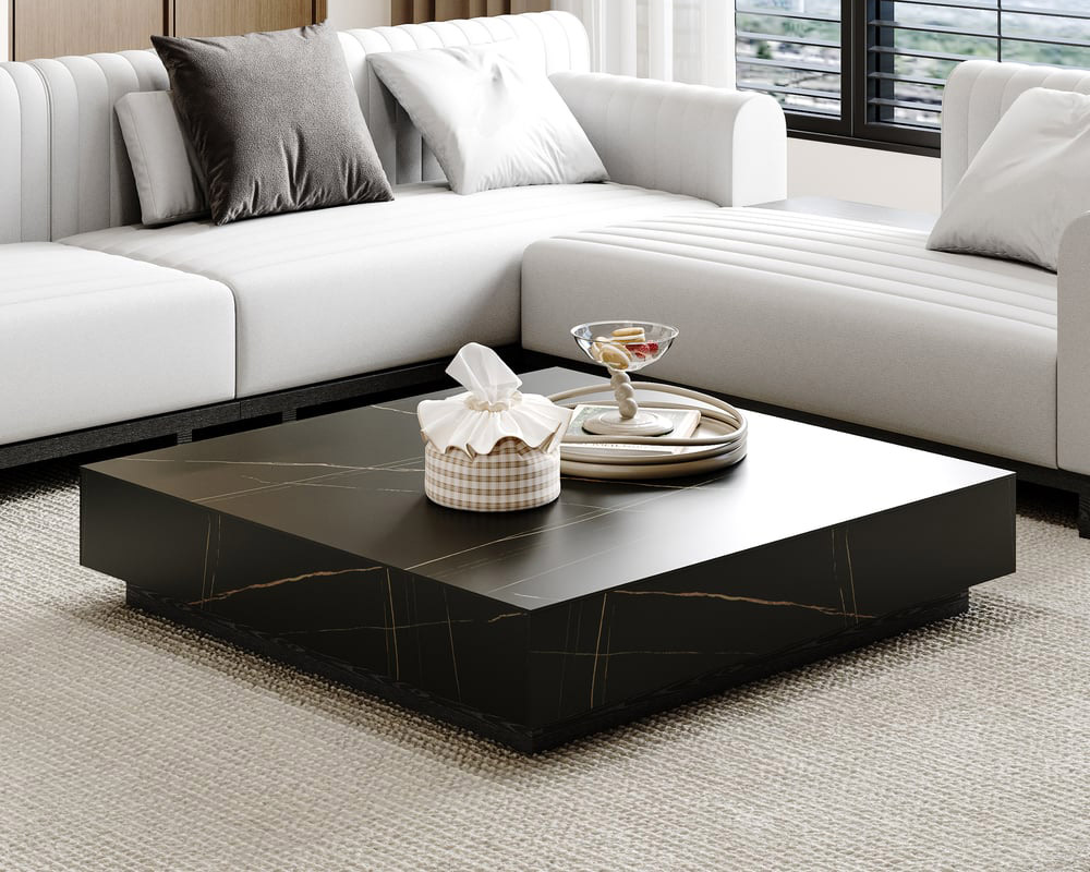 HMR Sintered Stone Electric Fireplace TV Stand & Coffee Table Set - Black, 78.7"W x 15.4"D x 15.4"H