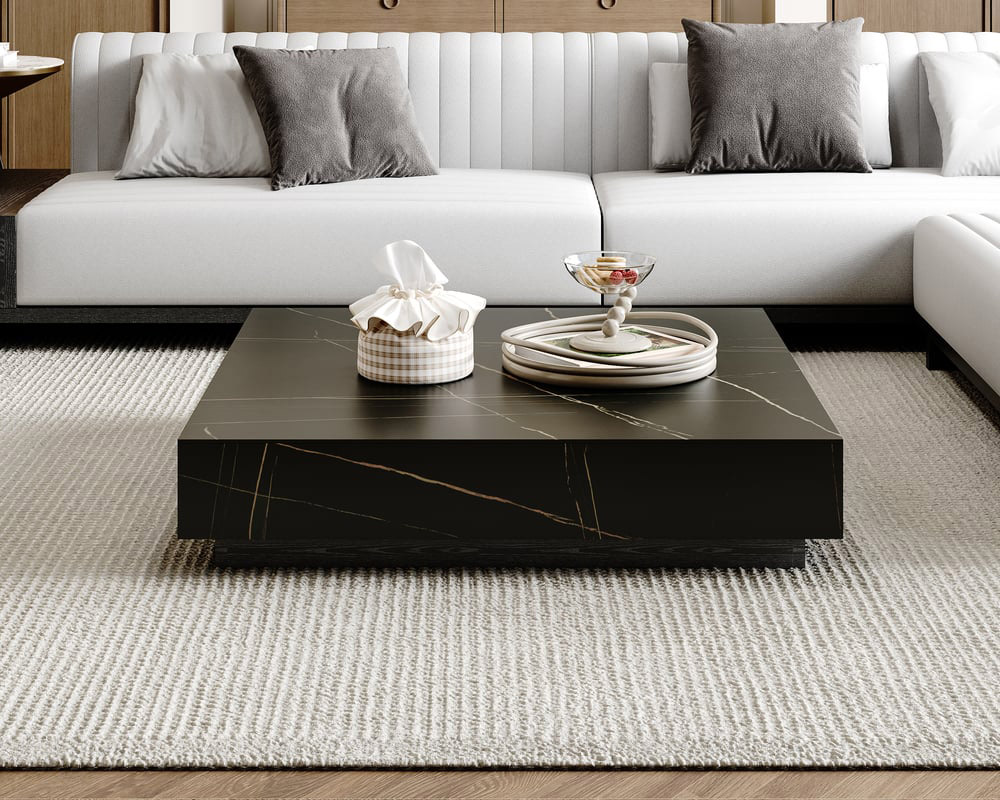 HMR Sintered Stone Electric Fireplace TV Stand & Coffee Table Set - Black, 78.7"W x 15.4"D x 15.4"H