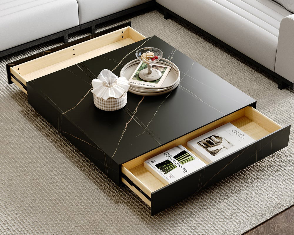 HMR Sintered Stone Electric Fireplace TV Stand & Coffee Table Set - Black, 78.7"W x 15.4"D x 15.4"H