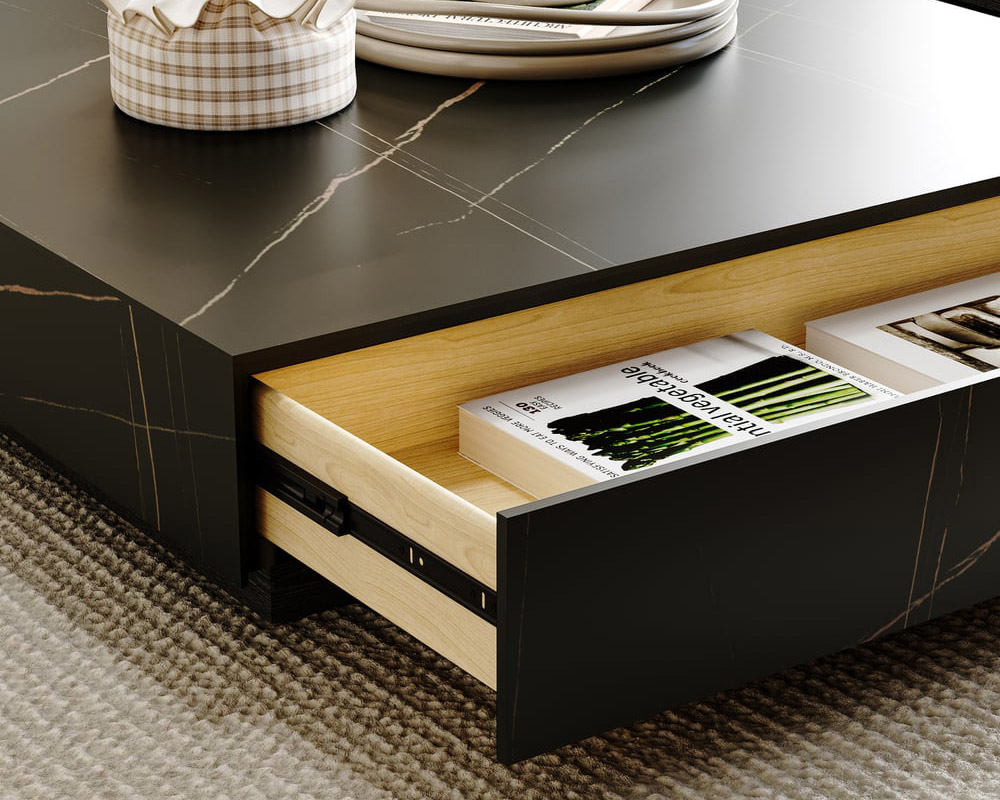 HMR Sintered Stone Electric Fireplace TV Stand & Coffee Table Set - Black, 78.7"W x 15.4"D x 15.4"H