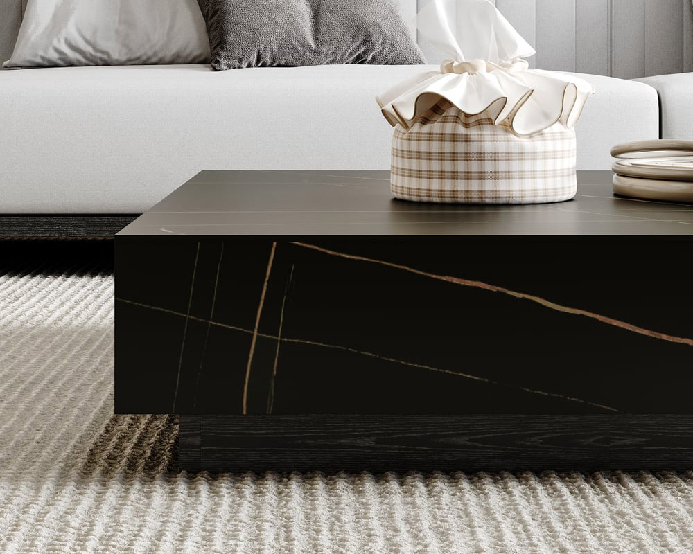 HMR Sintered Stone Electric Fireplace TV Stand & Coffee Table Set - Black, 78.7"W x 15.4"D x 15.4"H