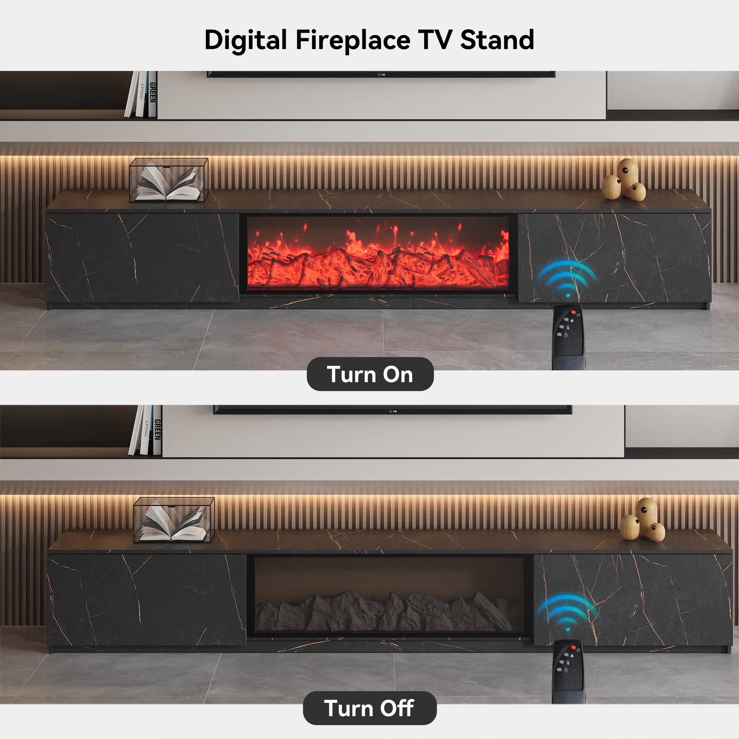 HMR Sintered Stone Electric Fireplace TV Stand & Coffee Table Set - Black, 78.7"W x 15.4"D x 15.4"H