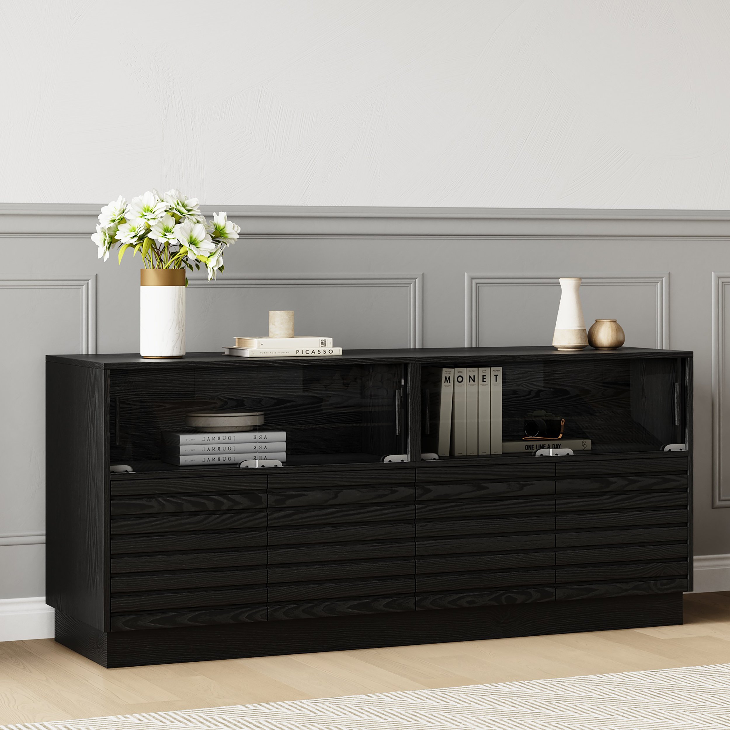 HMR - Lumoe Modern Black Rectangular Acrylic LED Lights TV Stand with Storage Media Console