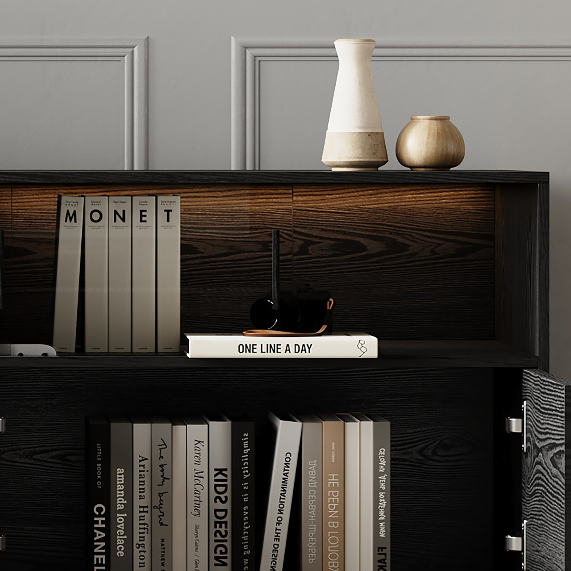 HMR - Lumoe Modern Black Rectangular Acrylic LED Lights TV Stand with Storage Media Console