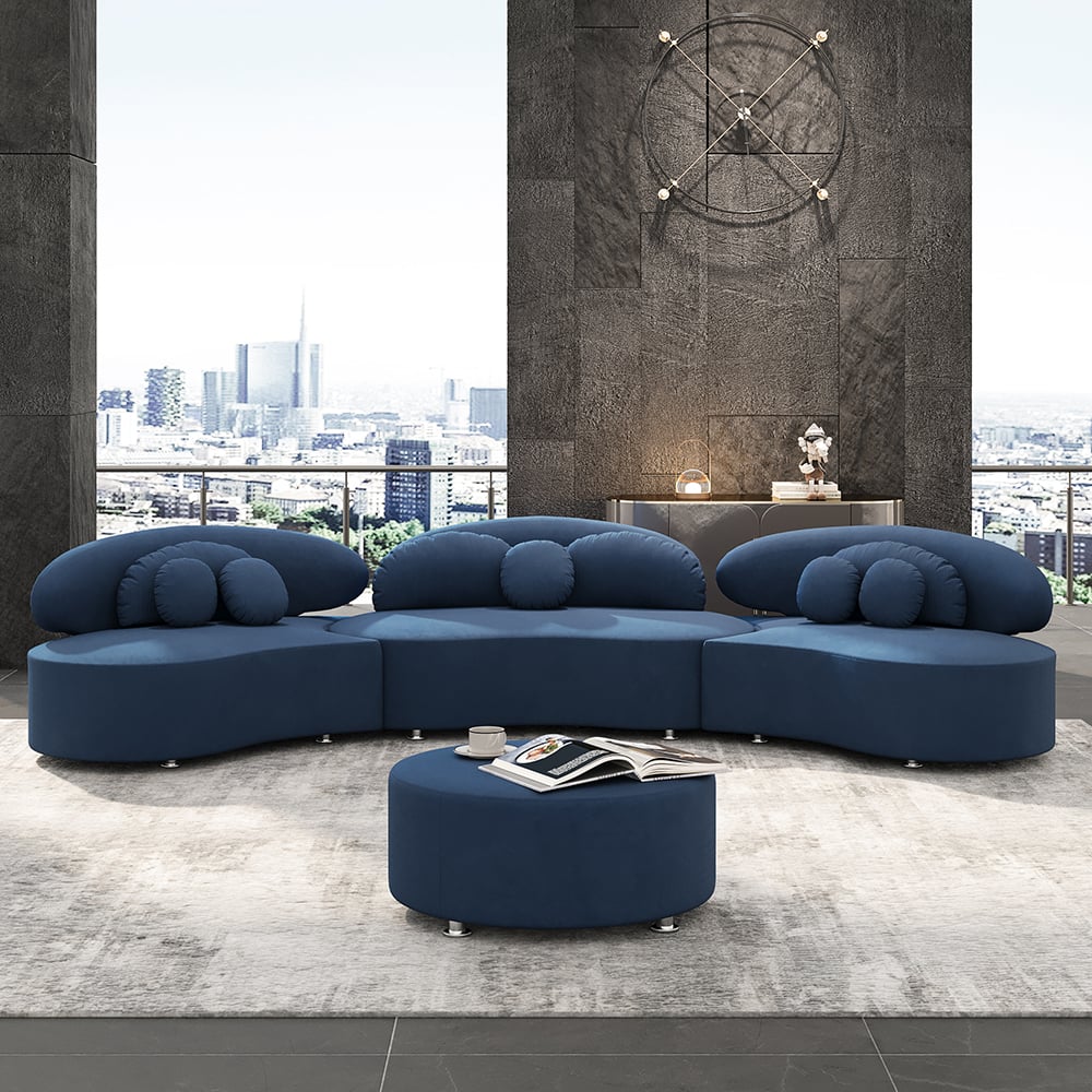 HMR Curved Sectional Sofa with Ottoman & Pillows - Blue, Velvet, 145.7"L x 31.5"W x 30.7"H