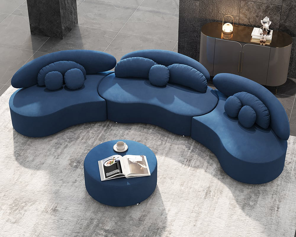 HMR Curved Sectional Sofa with Ottoman & Pillows - Blue, Velvet, 145.7"L x 31.5"W x 30.7"H