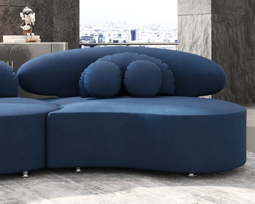 HMR Curved Sectional Sofa with Ottoman & Pillows - Blue, Velvet, 145.7"L x 31.5"W x 30.7"H