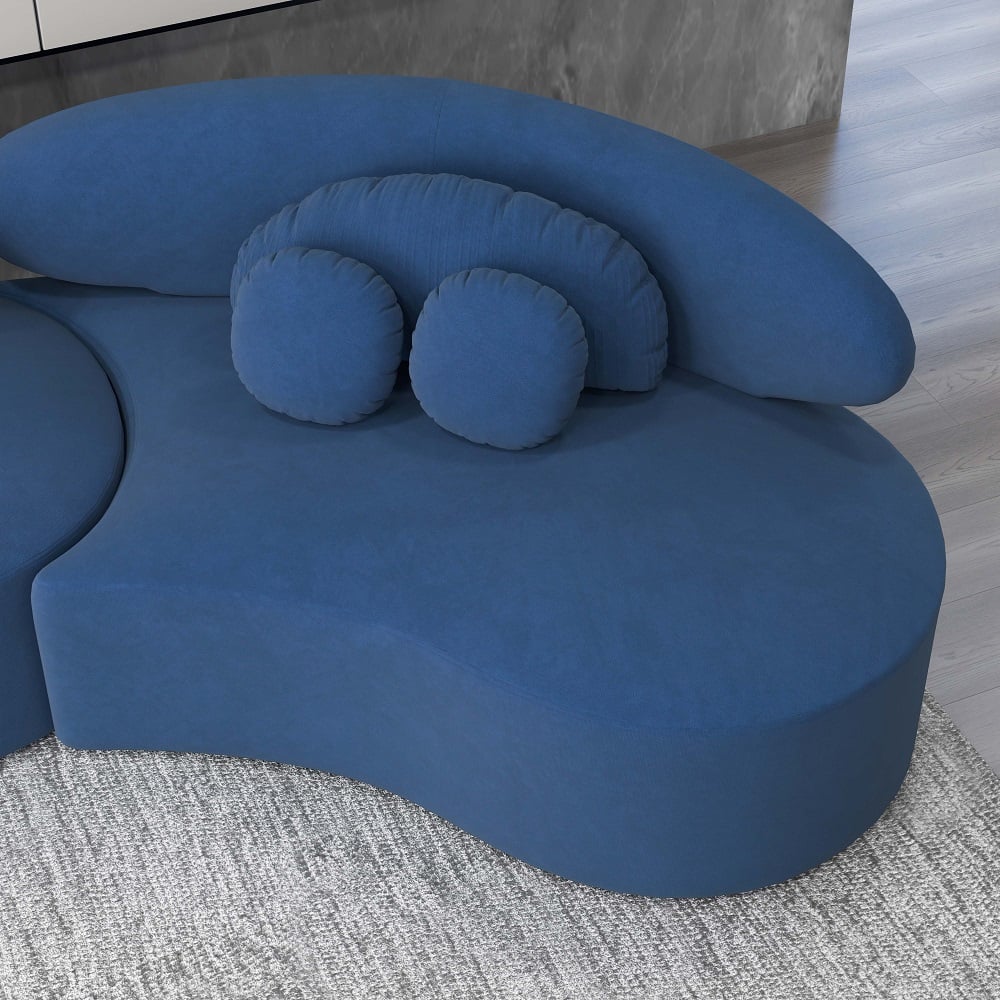 HMR Curved Sectional Sofa with Ottoman & Pillows - Blue, Velvet, 145.7"L x 31.5"W x 30.7"H