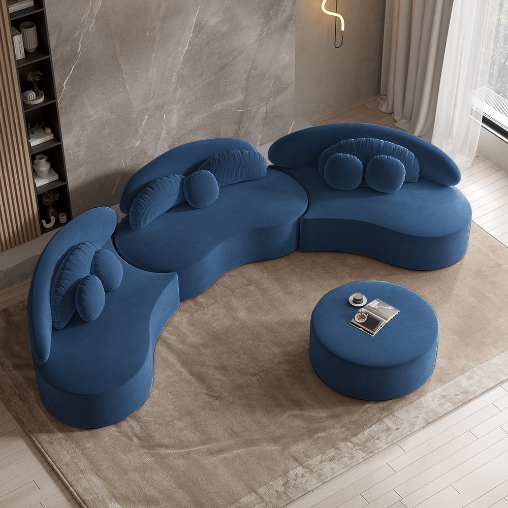 HMR Curved Sectional Sofa with Ottoman & Pillows - Blue, Velvet, 145.7"L x 31.5"W x 30.7"H