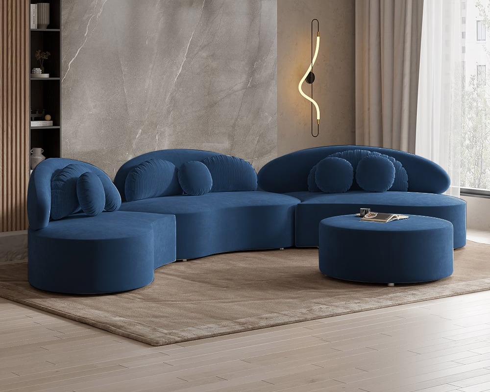HMR Curved Sectional Sofa with Ottoman & Pillows - Blue, Velvet, 145.7"L x 31.5"W x 30.7"H
