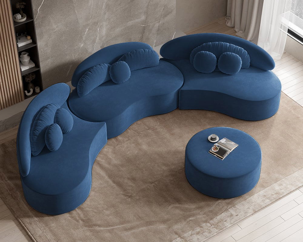 HMR Curved Sectional Sofa with Ottoman & Pillows - Blue, Velvet, 145.7"L x 31.5"W x 30.7"H