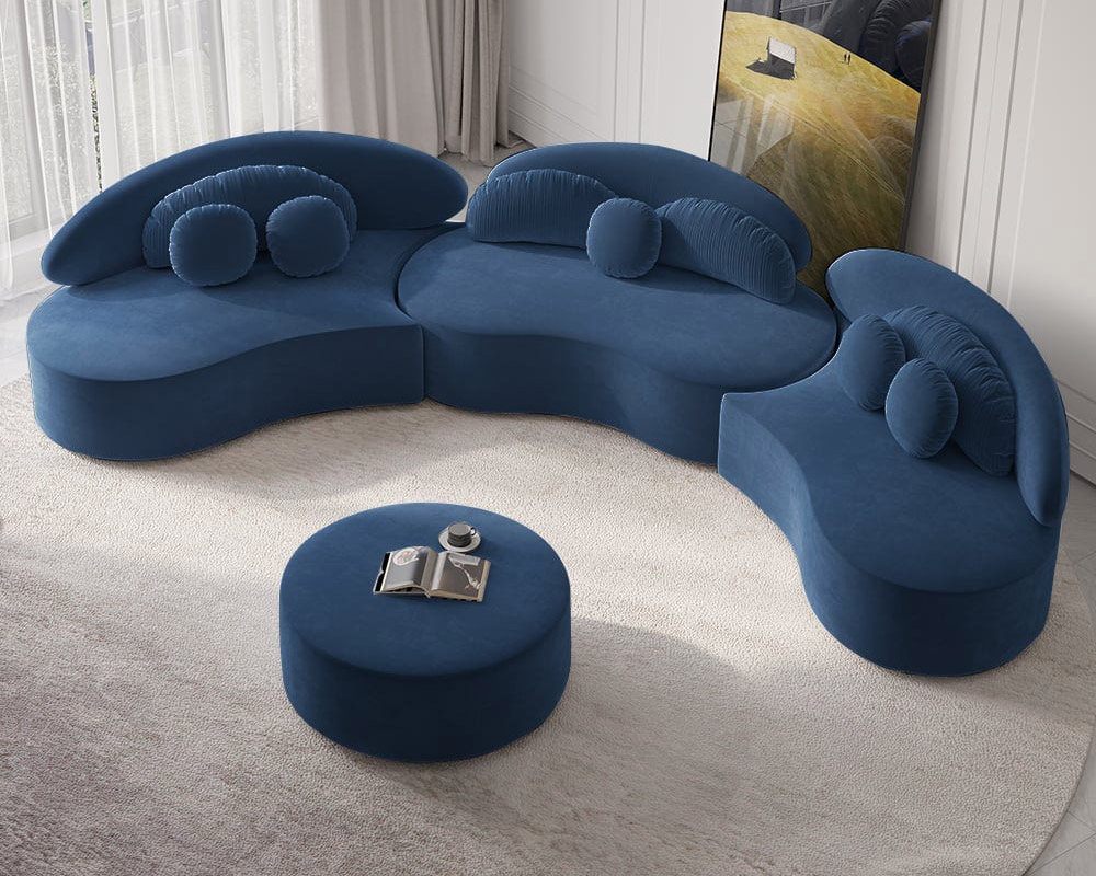 HMR Curved Sectional Sofa with Ottoman & Pillows - Blue, Velvet, 145.7"L x 31.5"W x 30.7"H