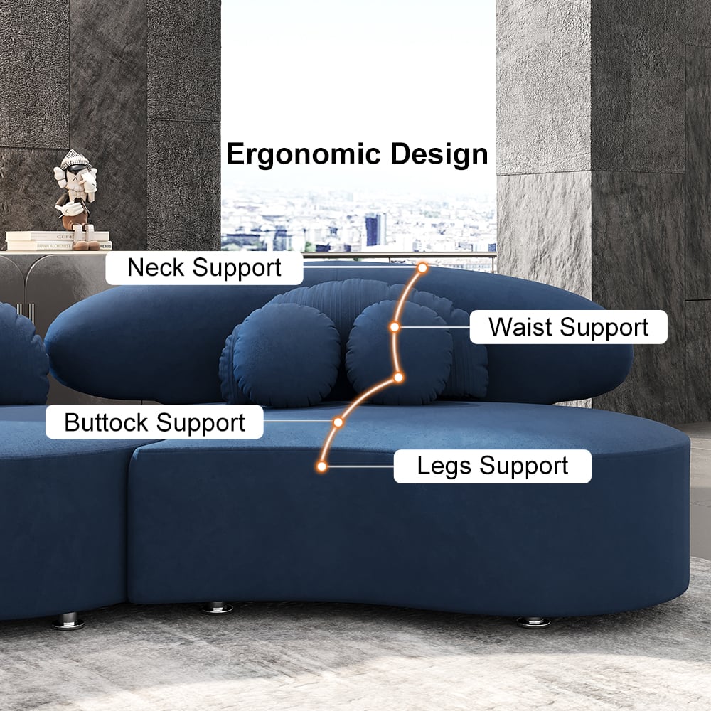 HMR Curved Sectional Sofa with Ottoman & Pillows - Blue, Velvet, 145.7"L x 31.5"W x 30.7"H