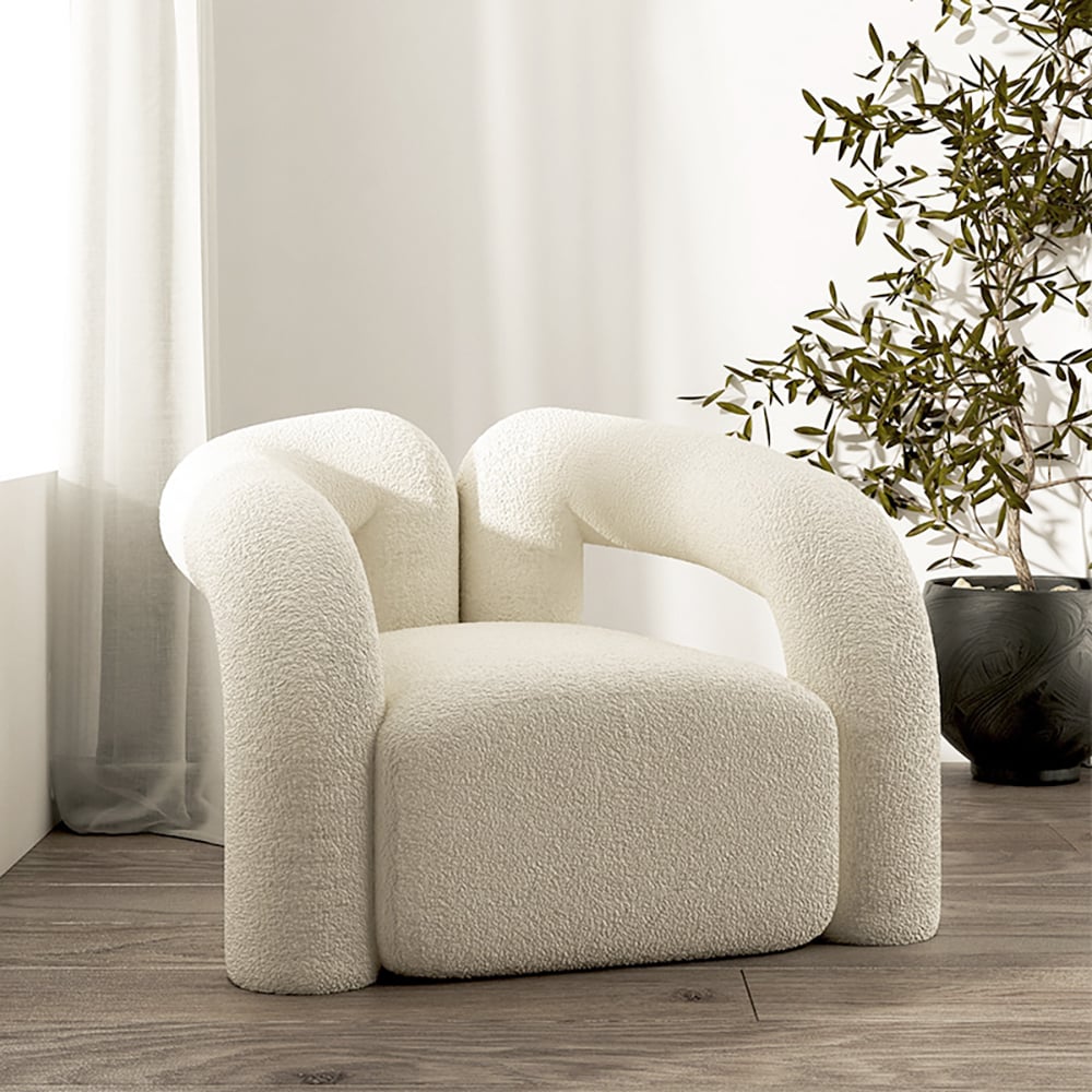 HMR Japandi Boucle Accent Chair Shaggy Armchair for Living Room - White